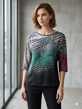 Max Mara Silk 100% Abstract Psychedelic Print Blouse 3/4 Sleeve , size S/M